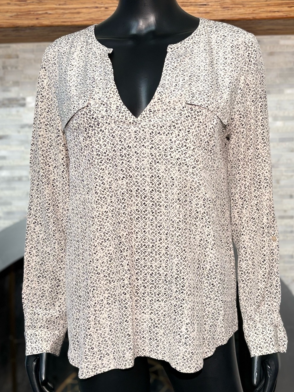 Joie 100% Silk Micro Animal Print Split Neck Long Sleeve Blouse - Size S